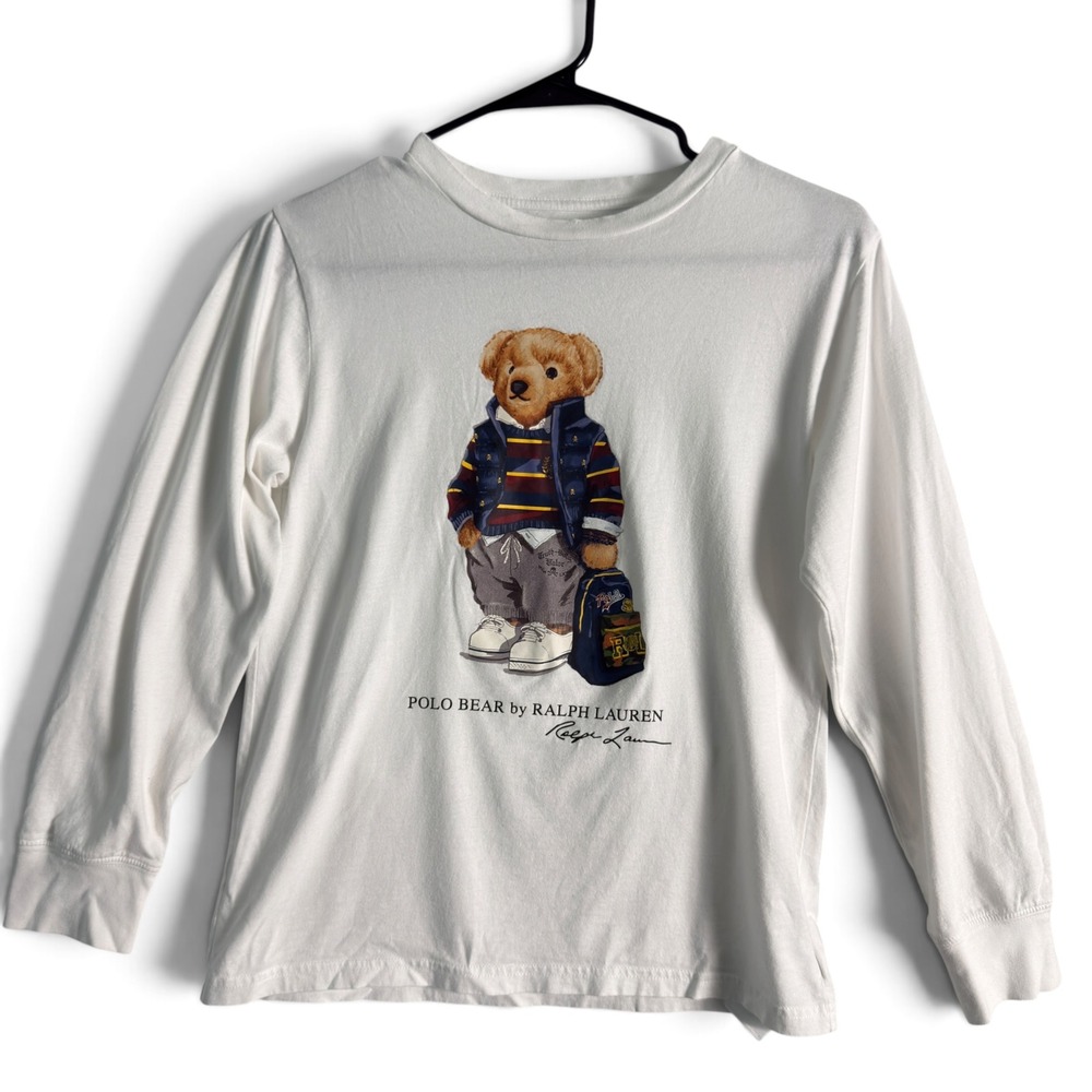 Polo Ralph Lauren Polo Bear Graphic Tee White Kids M 10-12 Preppy Long Sleeve